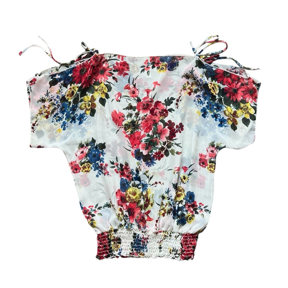 Floral Slit Drawstring Shoulder Short Sleeve Blouse Size M